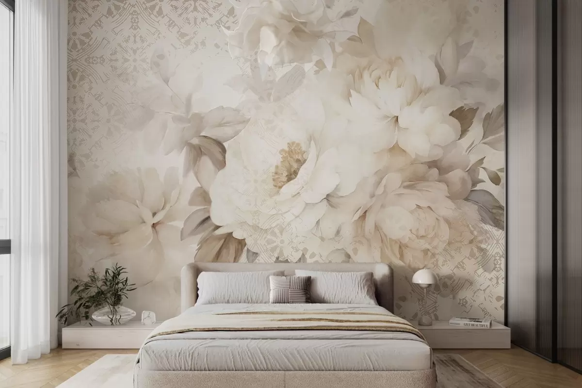 murales Un arreglo floral de peonías blancas con hojas beige, sobre un fondo decorativo con textura vintage w09345