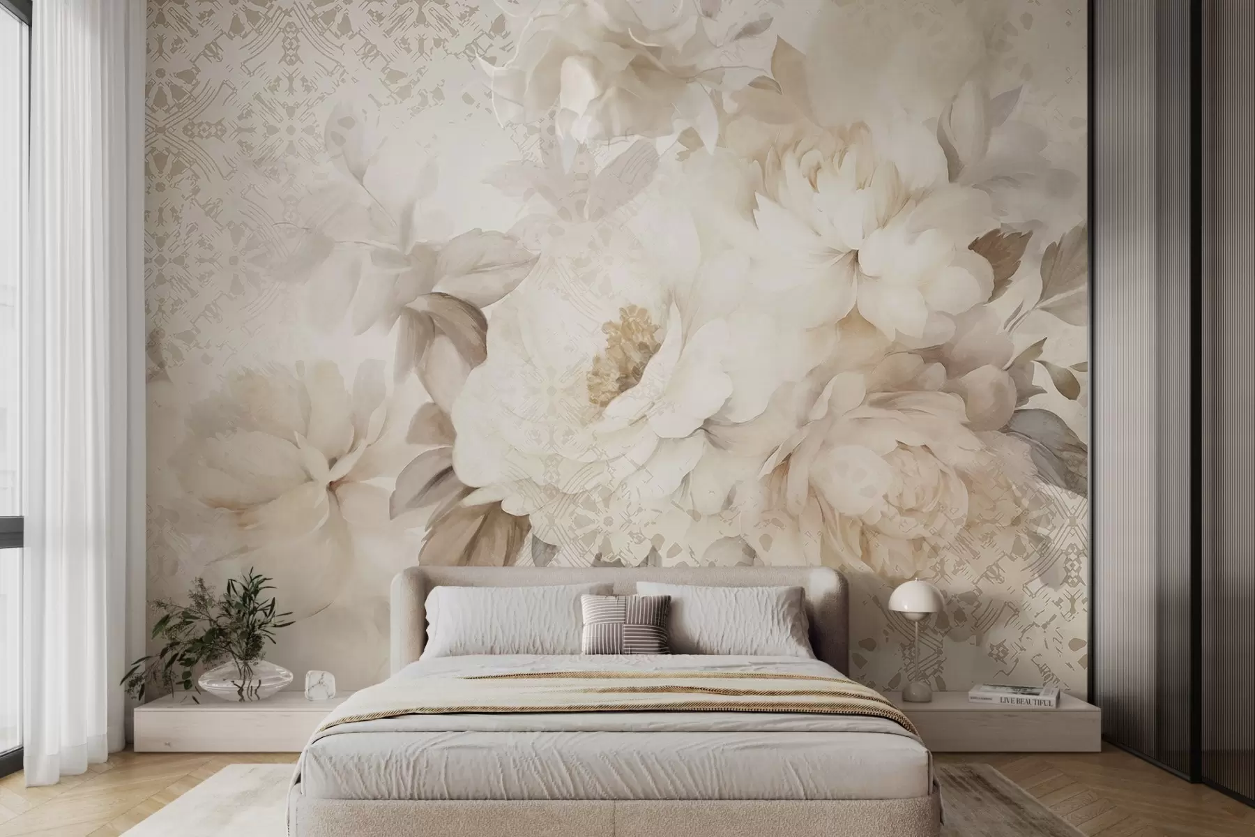 peintures murales Arrangement floral de pivoines blanches avec des feuilles beiges, sur un fond décoratif à la texture vintage w09345