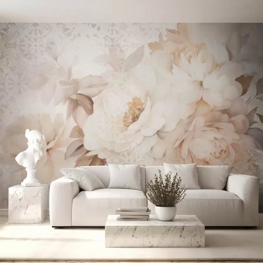 Wall Mural Photo Wallpaper A floral arrangement of white peonies with beige leaves, set against a decorative background with a vintage texture w09345
