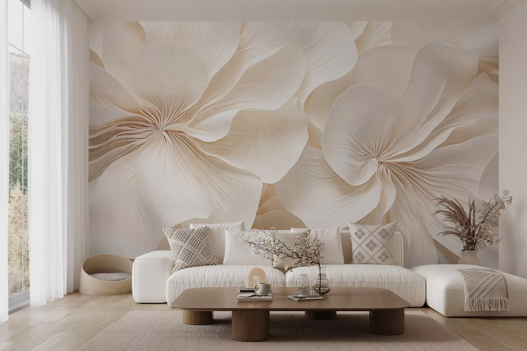 peintures murales Gros plan sur des fleurs à la texture crémeuse et aux pétales délicats et fluides, créant une composition florale douce, élégante et texturée w09346
