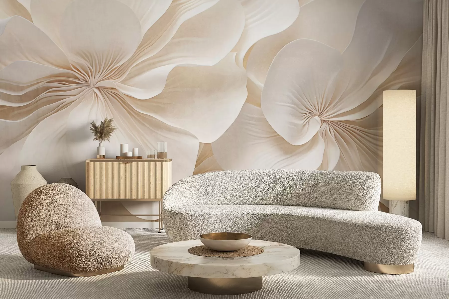 Wall Mural Photo Wallpaper Close-up of creamy textured flowers with delicate, flowing petals, creating a soft, elegant, and textured floral arrangement w09346