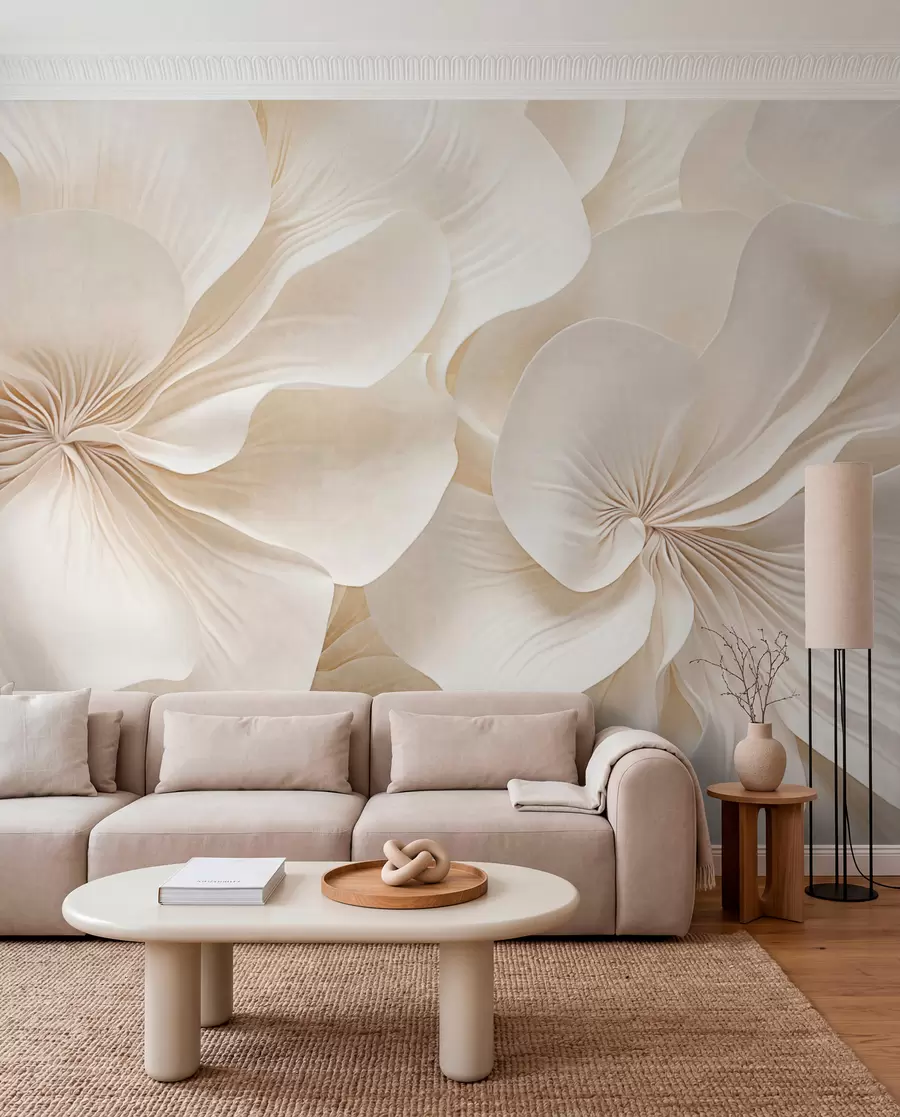 Wall Mural Photo Wallpaper Close-up of creamy textured flowers with delicate, flowing petals, creating a soft, elegant, and textured floral arrangement w09346