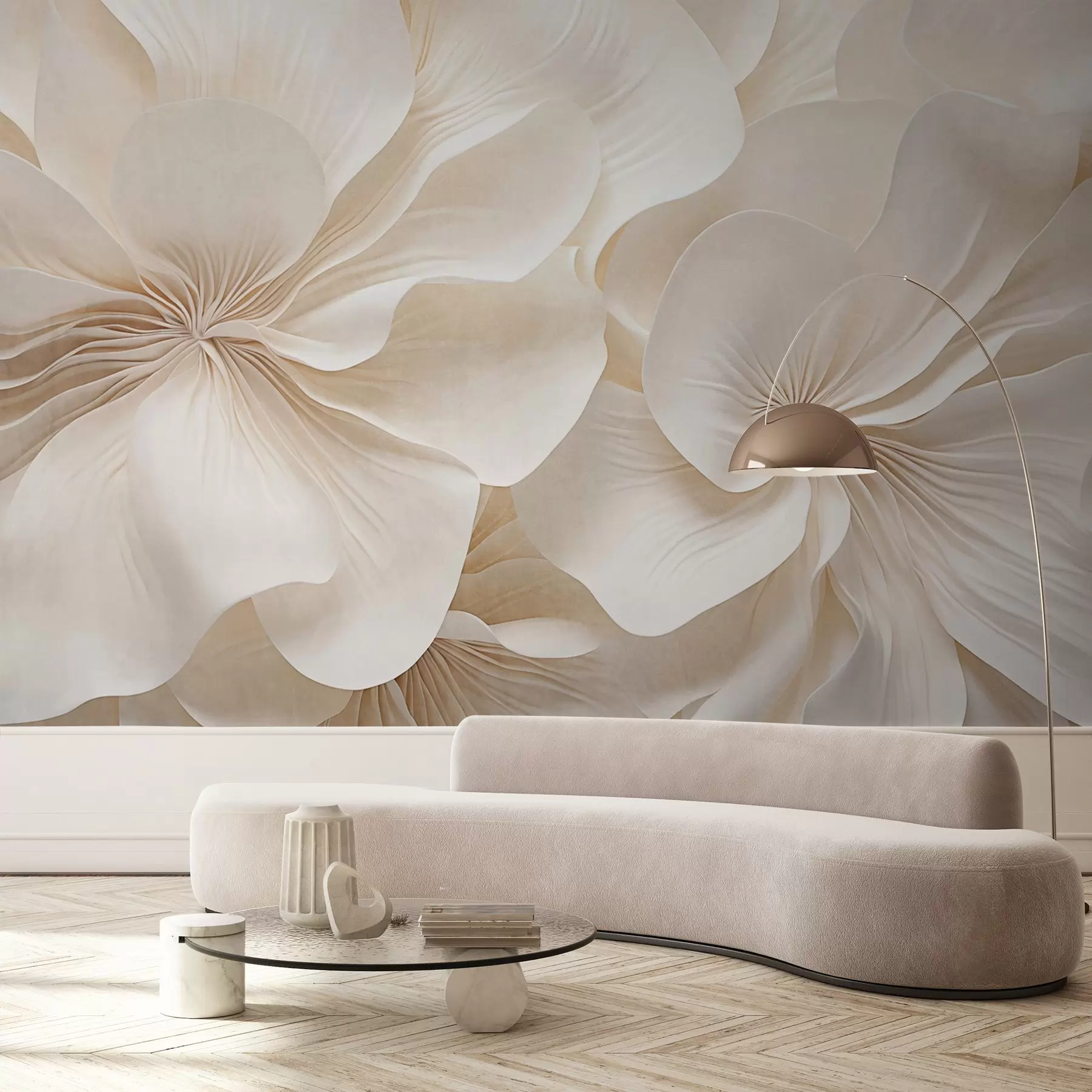 Wall Mural Photo Wallpaper Close-up of creamy textured flowers with delicate, flowing petals, creating a soft, elegant, and textured floral arrangement w09346