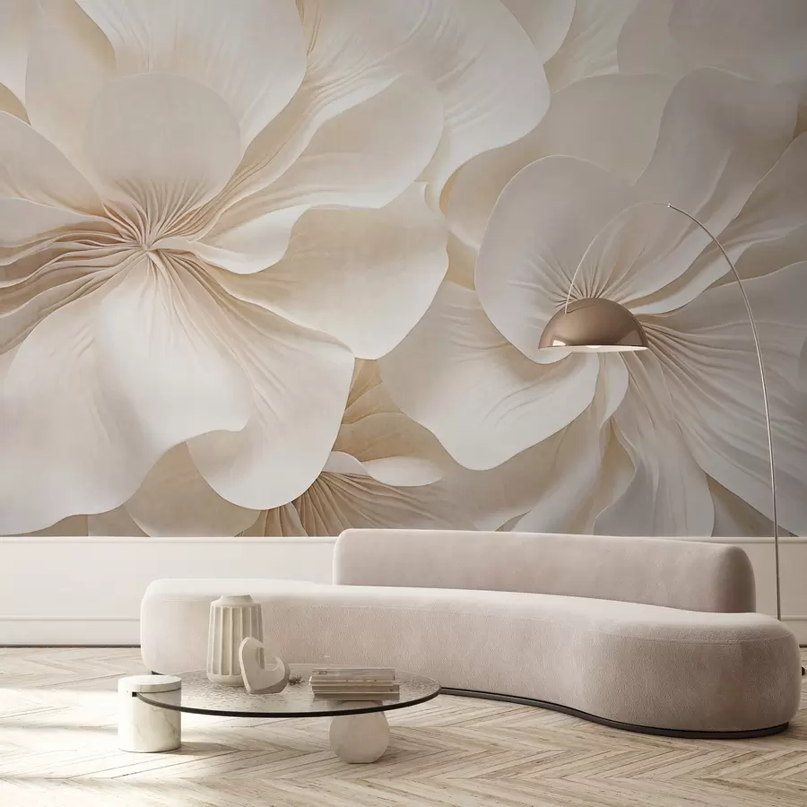 Wall Mural Photo Wallpaper Close-up of creamy textured flowers with delicate, flowing petals, creating a soft, elegant, and textured floral arrangement w09346