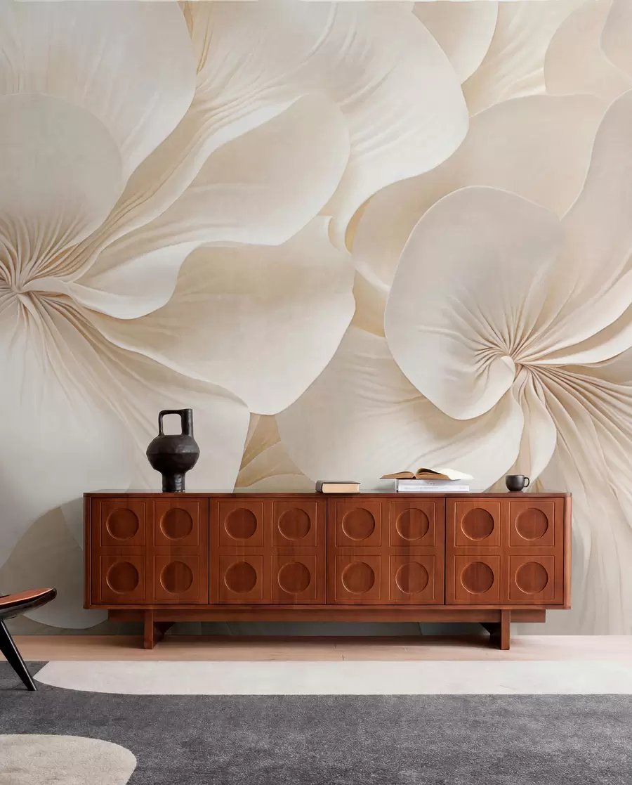 peintures murales Gros plan sur des fleurs à la texture crémeuse et aux pétales délicats et fluides, créant une composition florale douce, élégante et texturée w09346