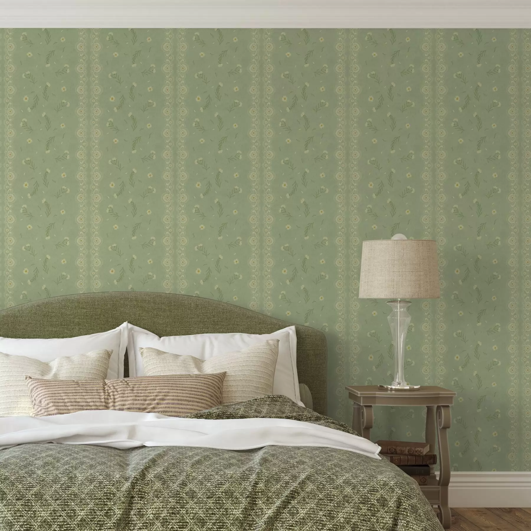 murales Fondo verde con margaritas y borde de encaje a00291