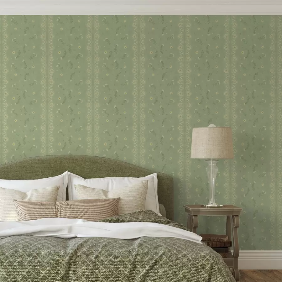 murales Fondo verde con margaritas y borde de encaje a00291