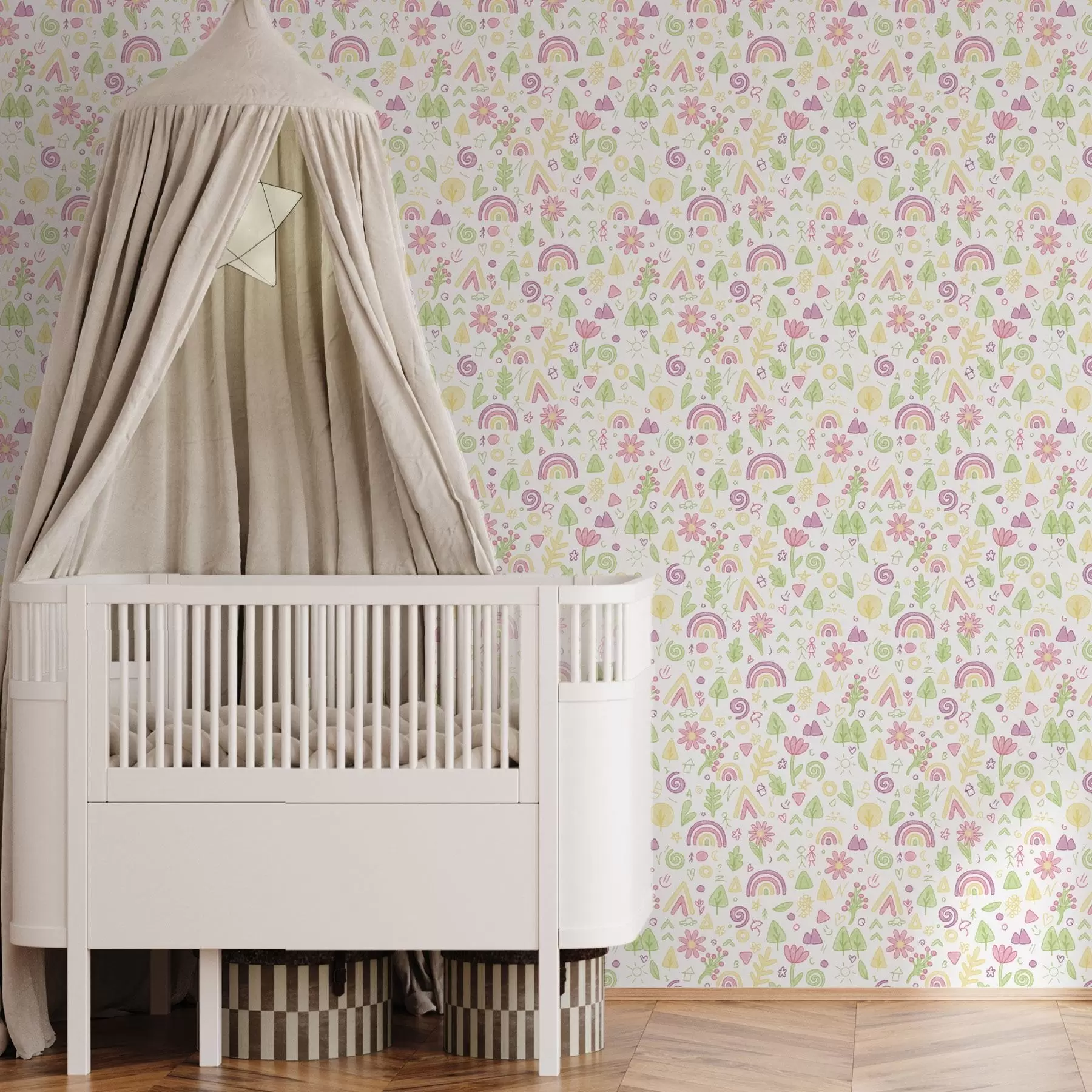 Wall Mural Photo Wallpaper Children’s drawing with rainbows, flowers, and trees a00296