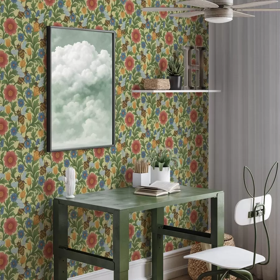 peintures murales Fleurs brillantes avec de grandes abeilles a00315