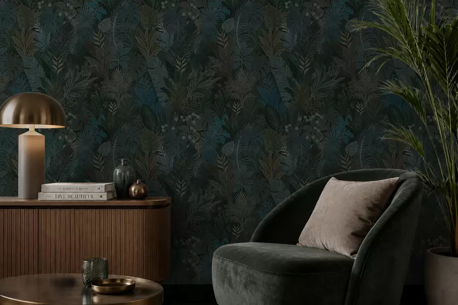 Wall Mural Photo Wallpaper Dark green tropical foliage with blue accents a00327