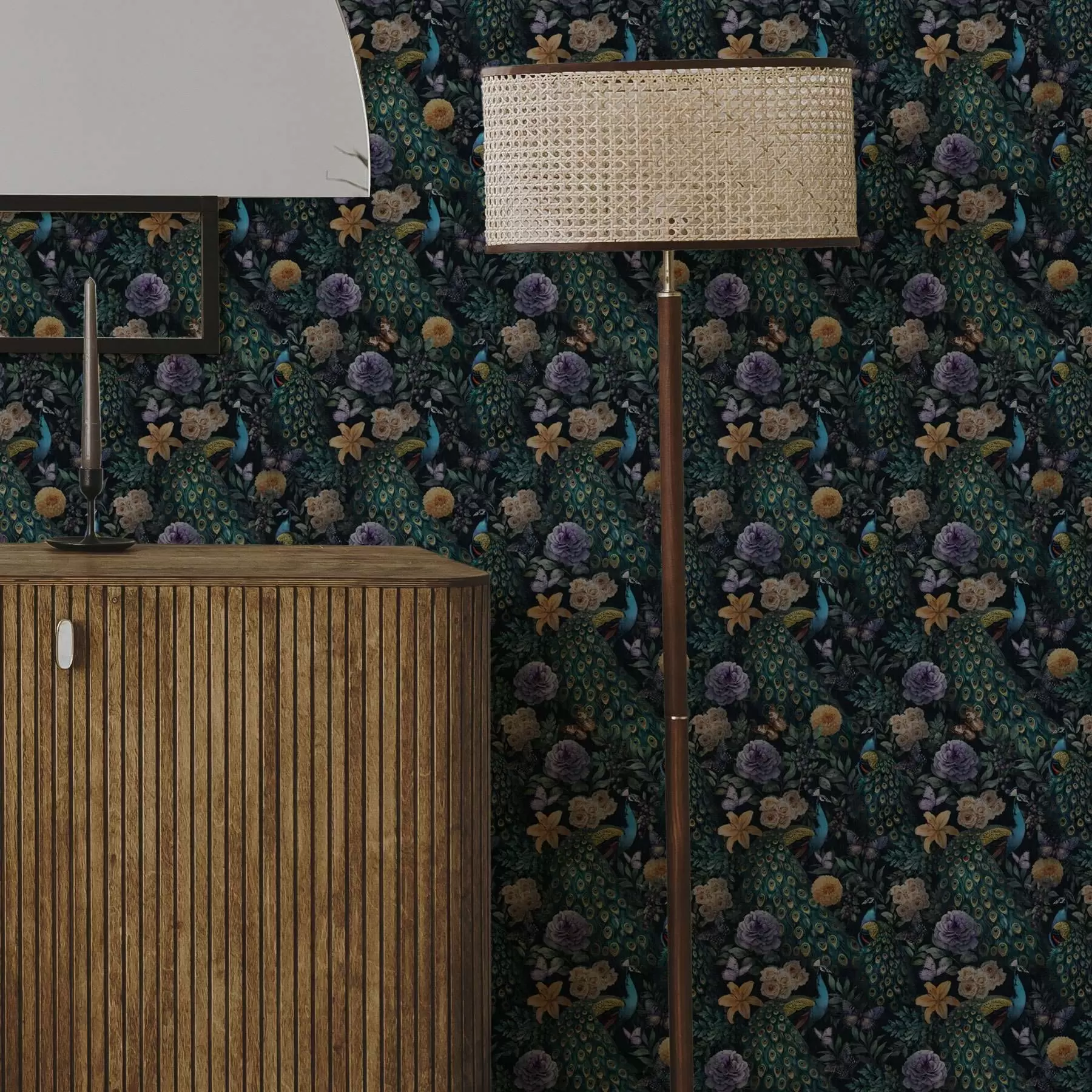 wall murals Peacocks among dark flowers and butterflies a00348