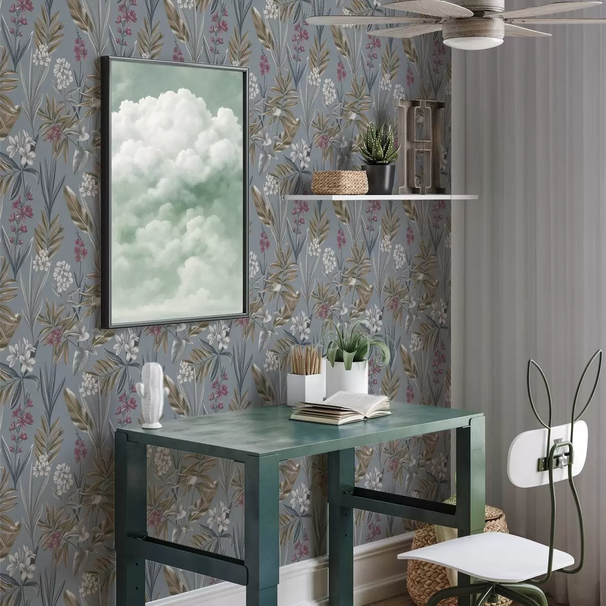 Papel pintado Ramas florales sobre fondo gris azulado a00350