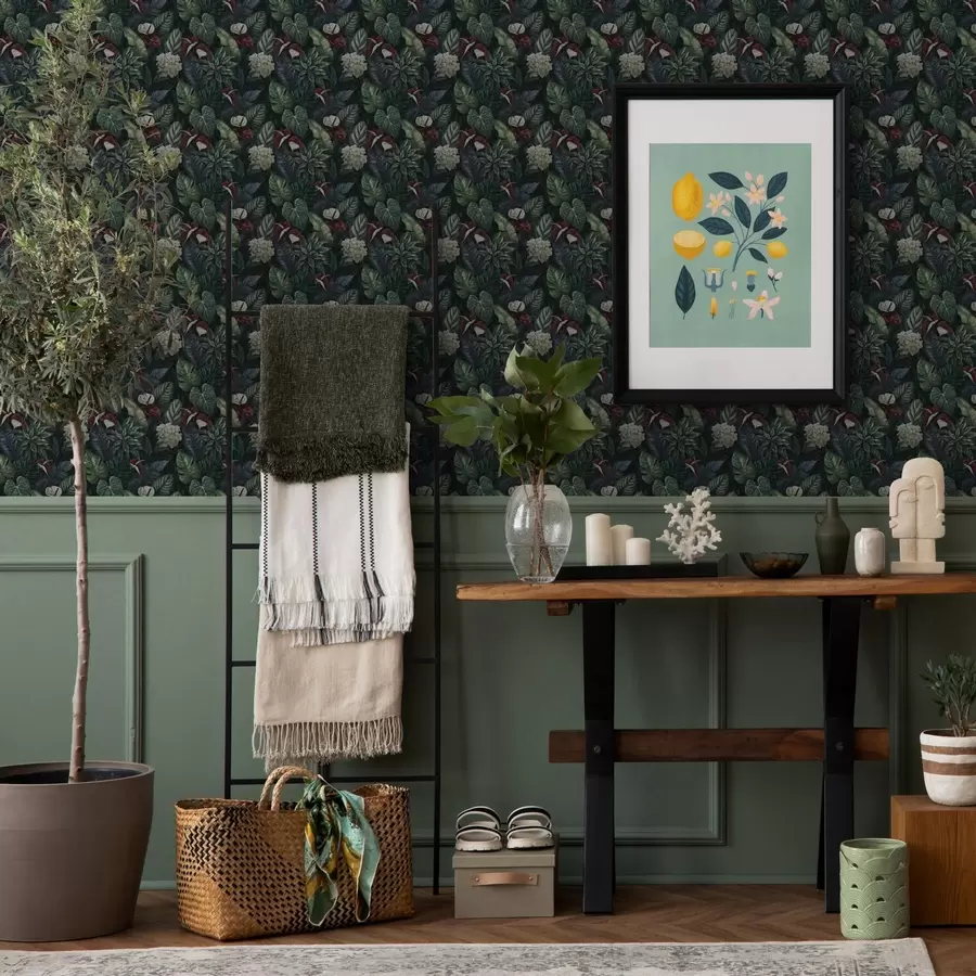 murales Hojas tropicales con flores blancas y rojas a00361