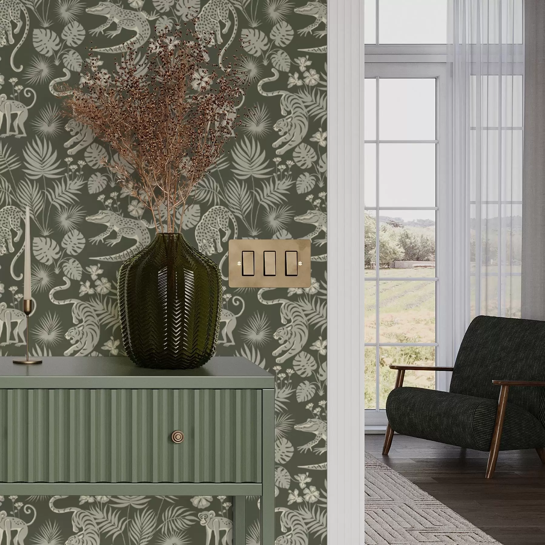 murales Siluetas de animales salvajes entre hojas tropicales a00404