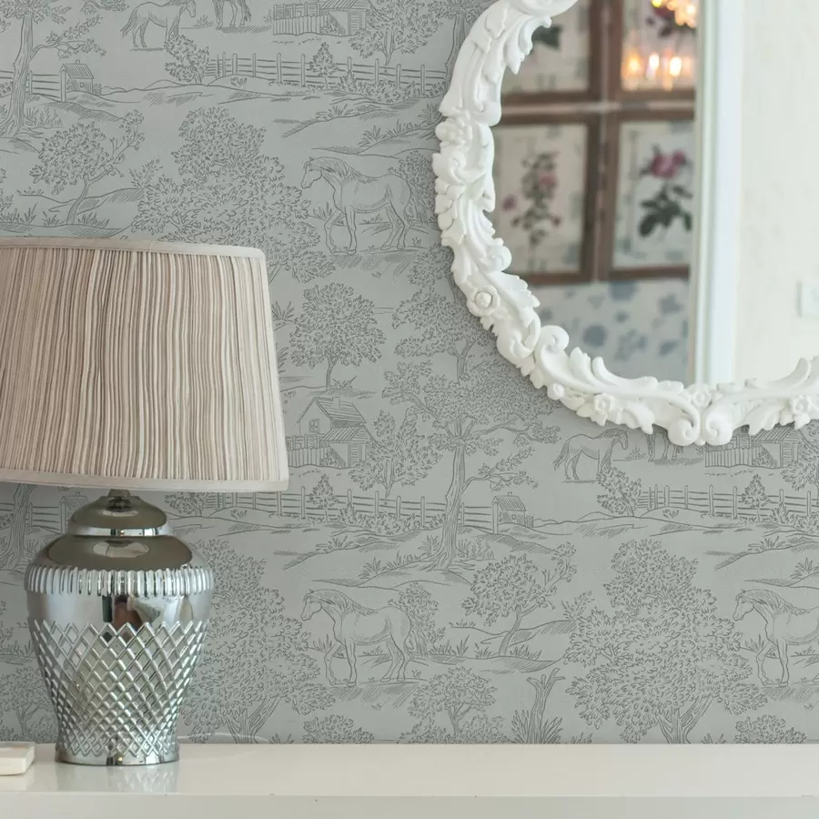 murales Paisaje verde monocromo con caballos y casitas de campo a00407