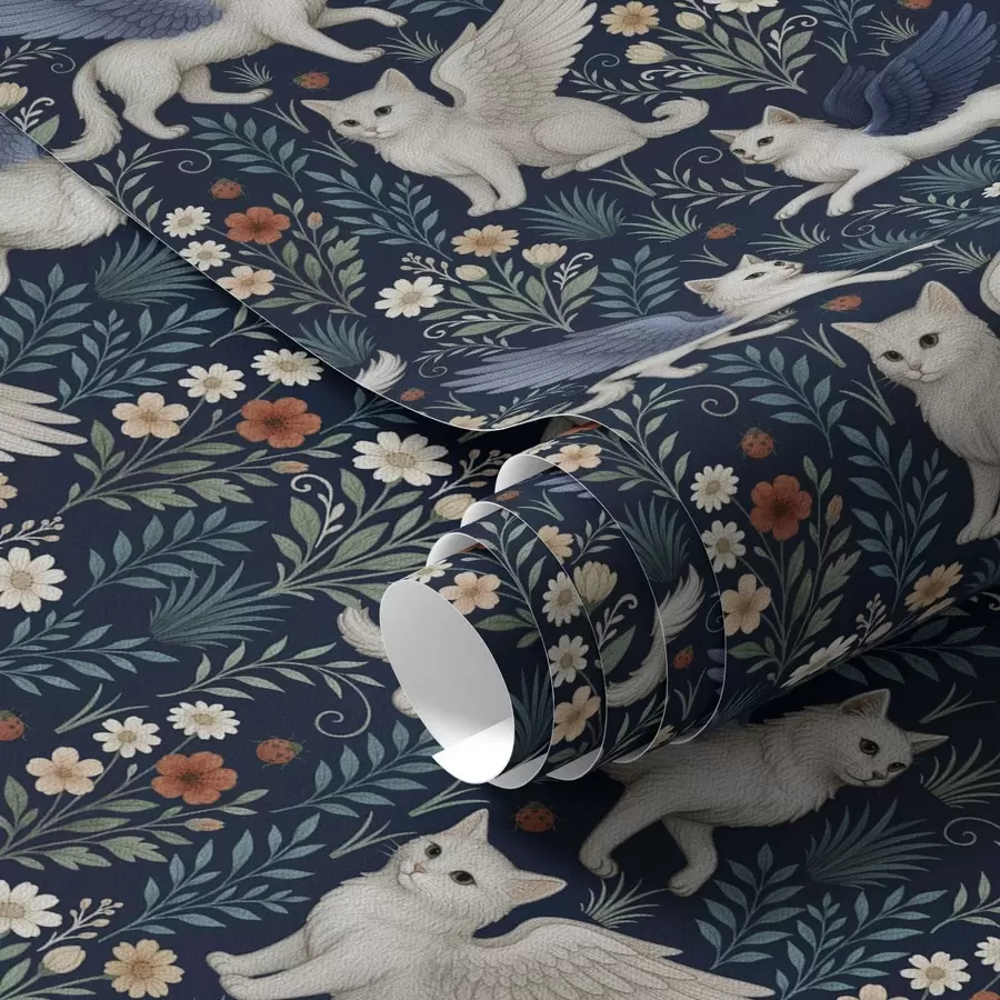 wall murals Fantasy cats with wings among flowers a00408