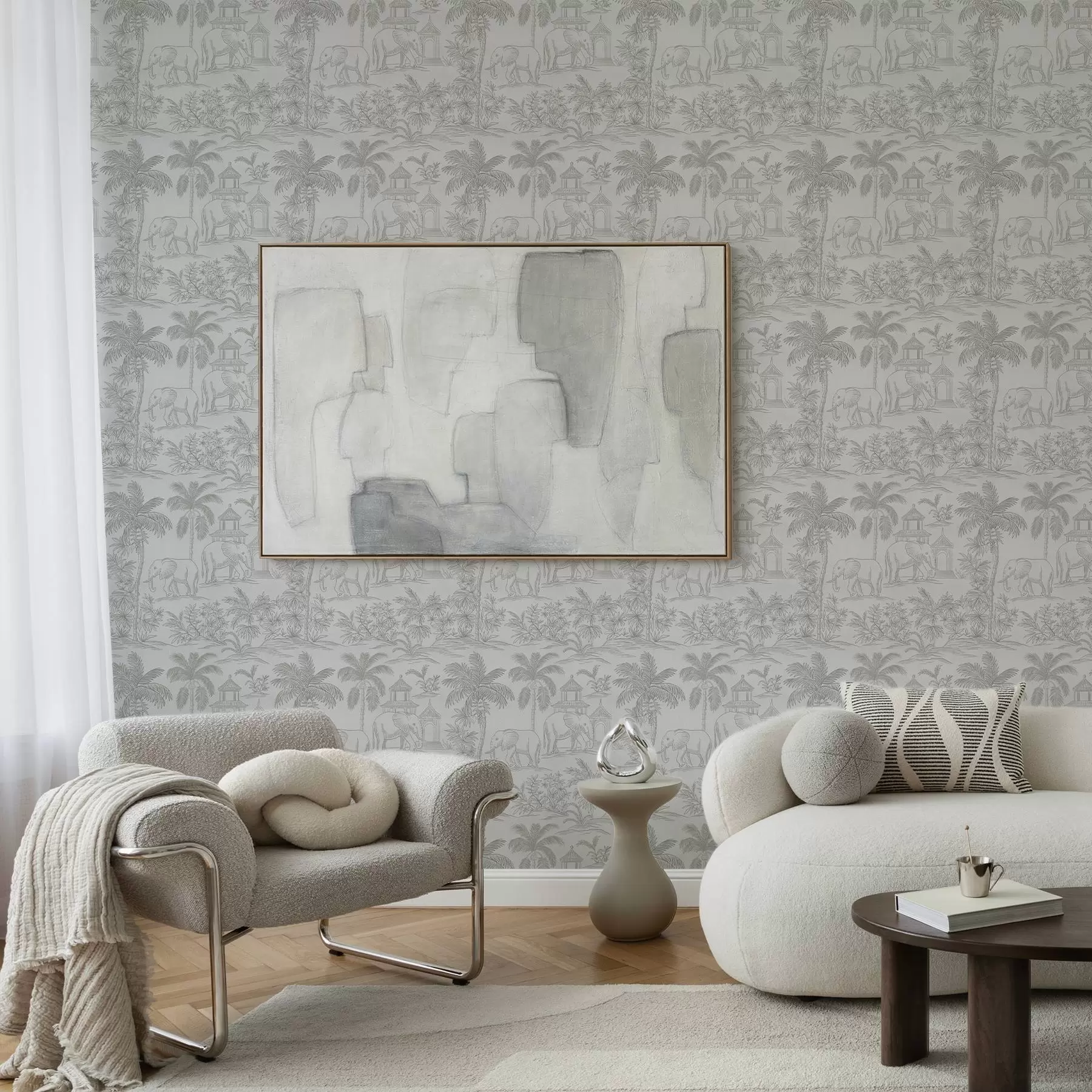 murales Elefantes monocromos y jungla en estilo gráfico a00410