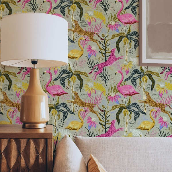 Wallpapers Bright flamingos and leopards among tropical plants, Nature wallpapers, a00470 : ca.uwalls.com