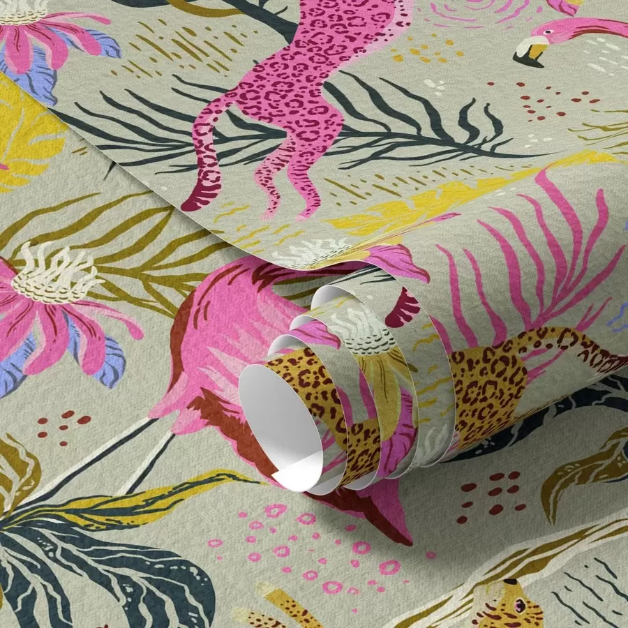 murales Flamencos y leopardos brillantes entre plantas tropicales a00470