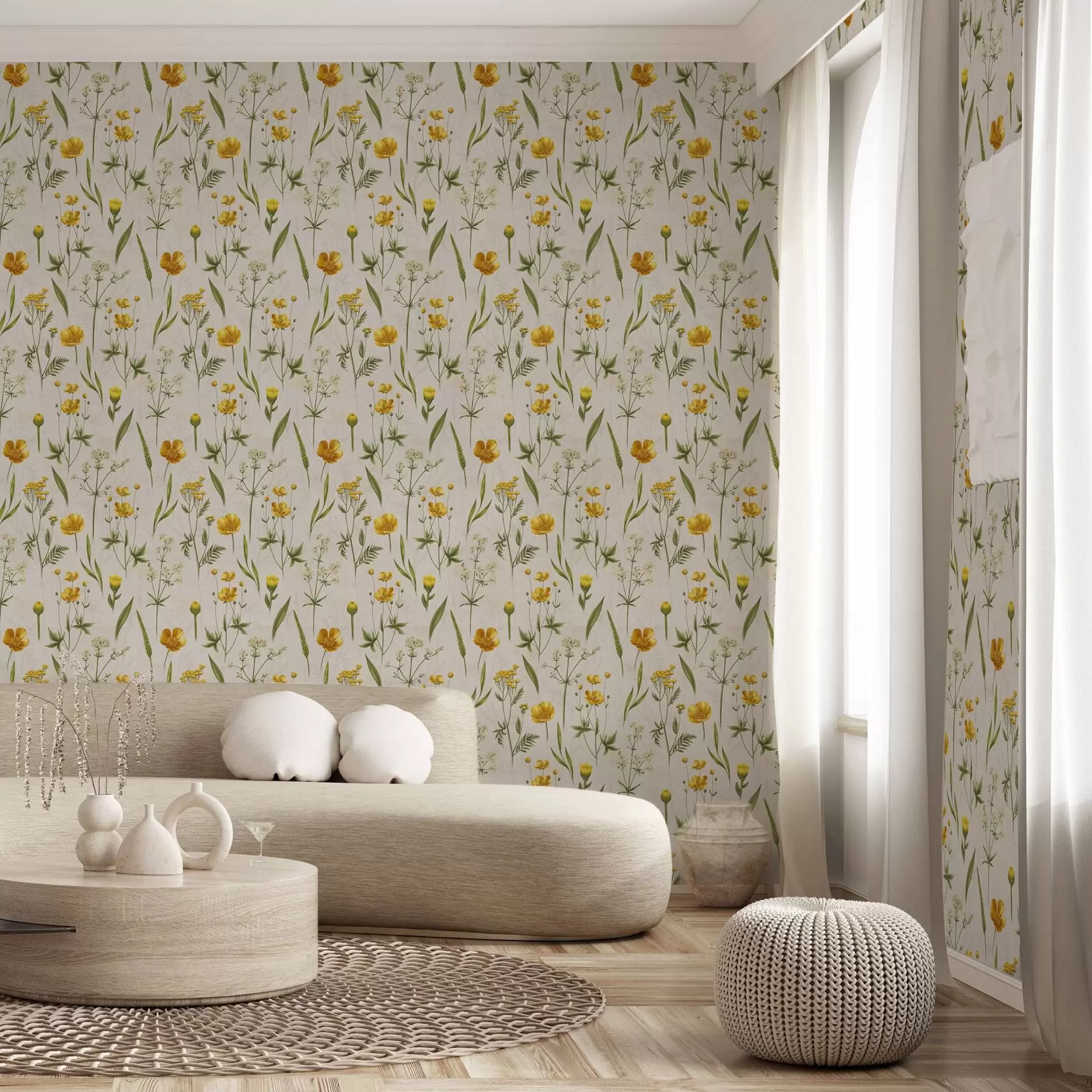 Wall Mural Photo Wallpaper Yellow flowers and greenery on a beige background a00472v2