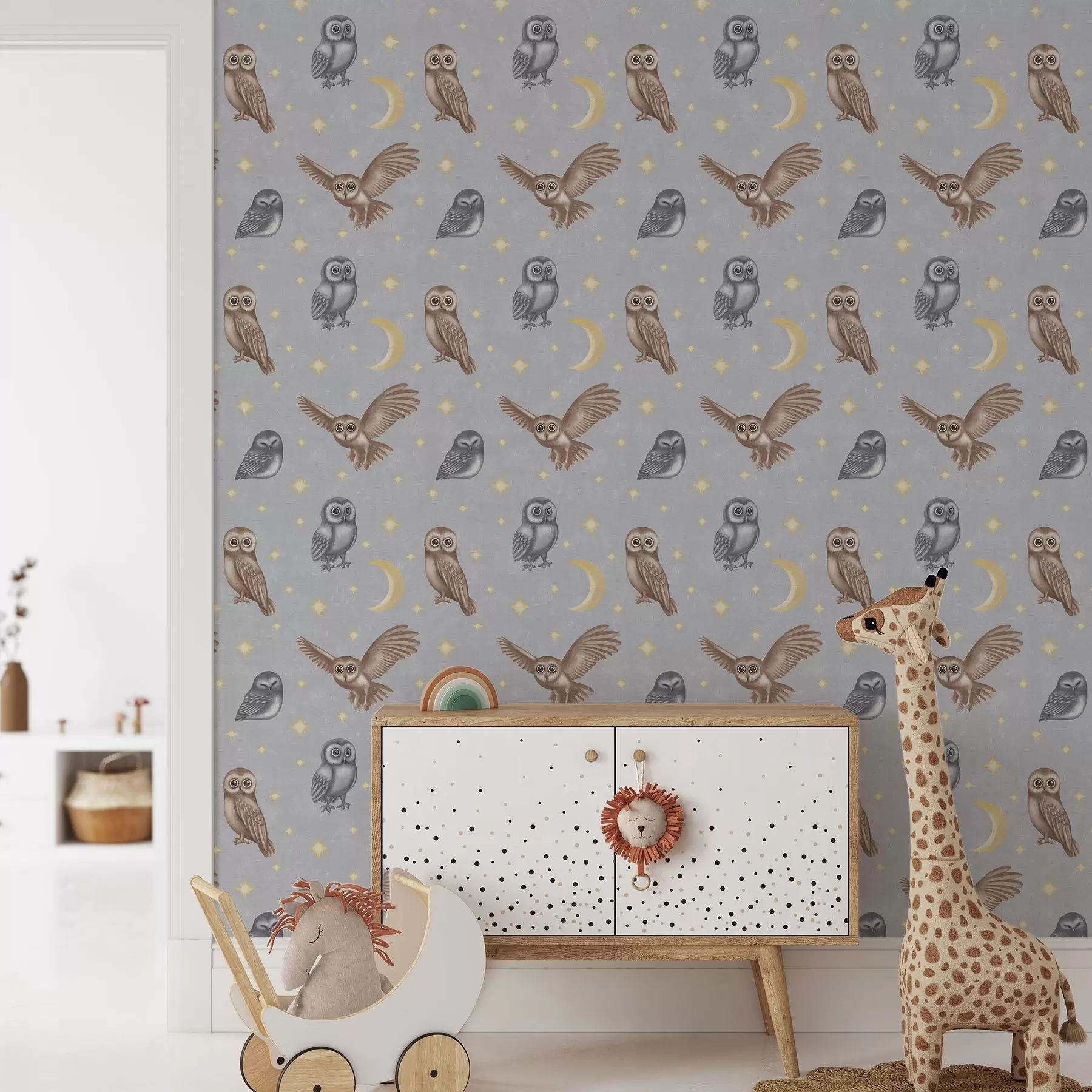 wall murals Owls and stars on a gray night sky background a00475