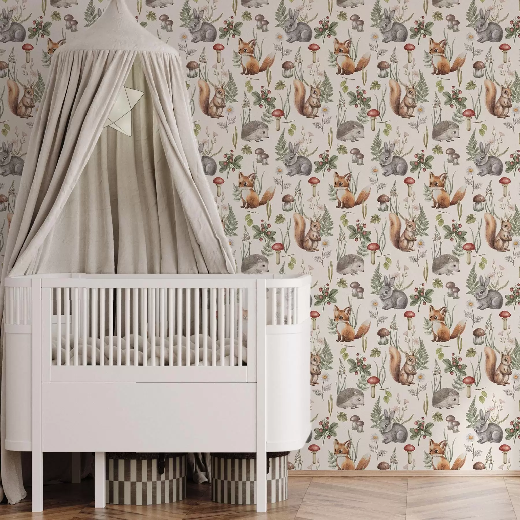 peintures murales Animaux, champignons et plantes de la forêt dans un style féerique a00477