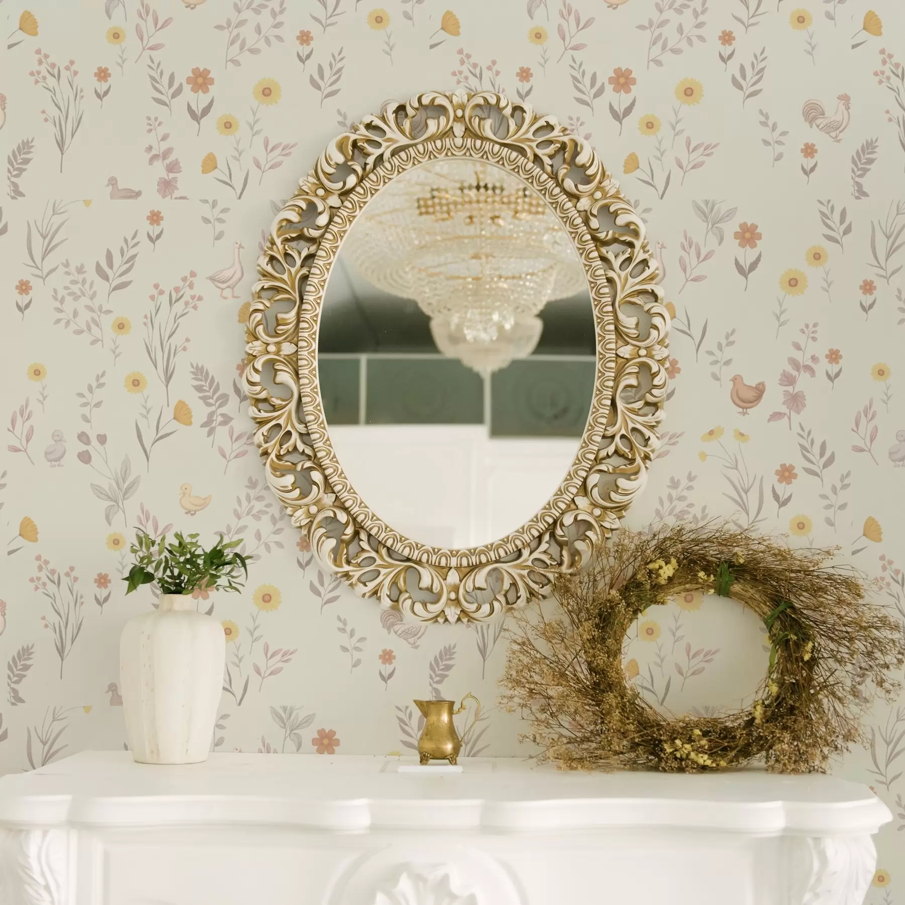 peintures murales Fleurs des champs et poules dans des tons pastel doux a00478