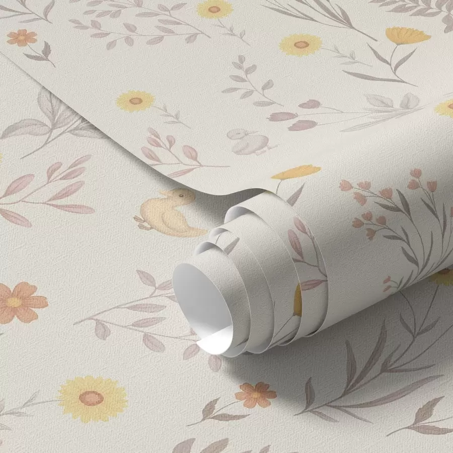 peintures murales Fleurs des champs et poules dans des tons pastel doux a00478