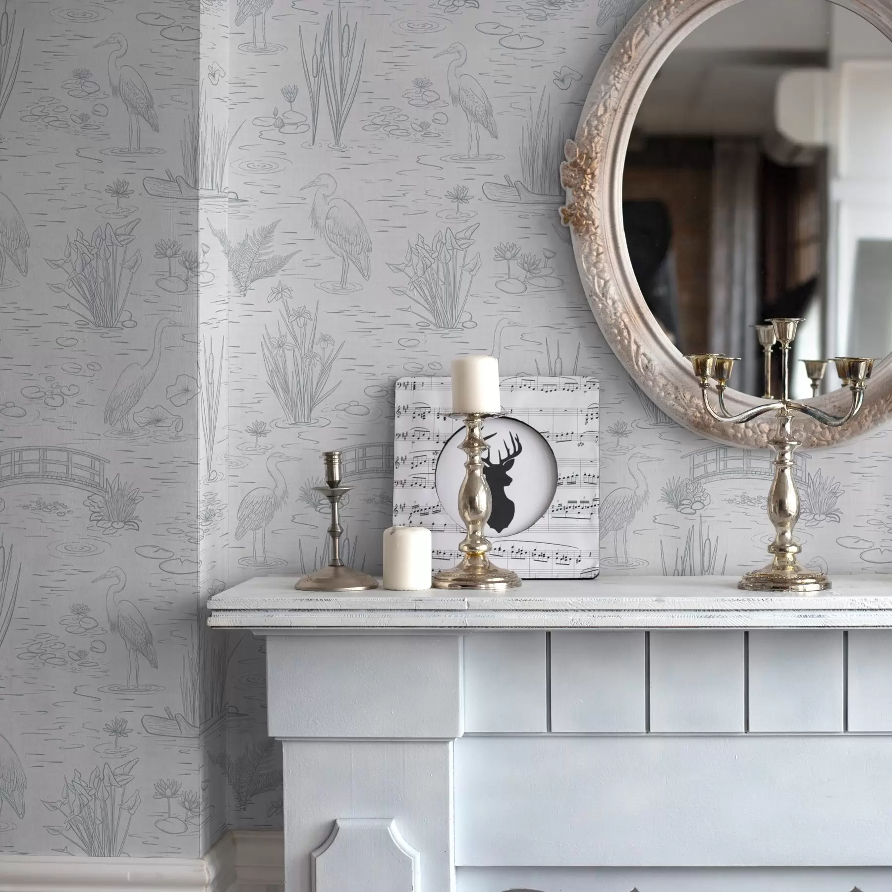 peintures murales Dessin de hérons et de plantes aquatiques dans des tons gris calmes a00479