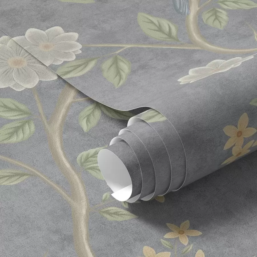 peintures murales Oiseaux sur des branches parmi des fleurs sur fond gris a00483