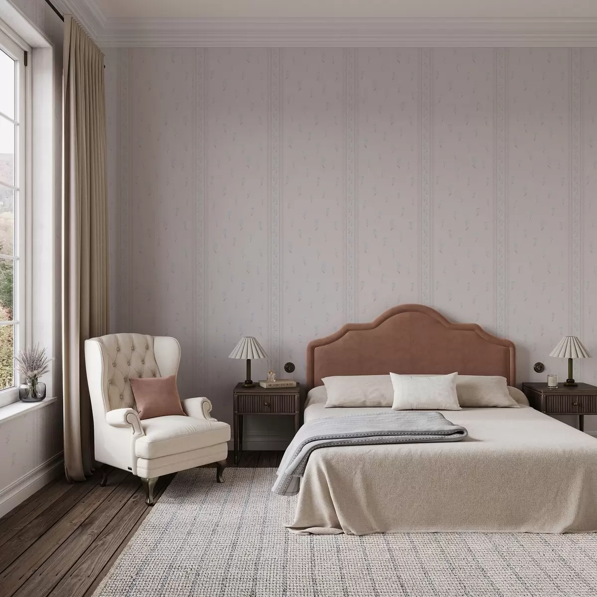 Papier peint Fond rose avec fleurs bleues délicates et bordure a00484