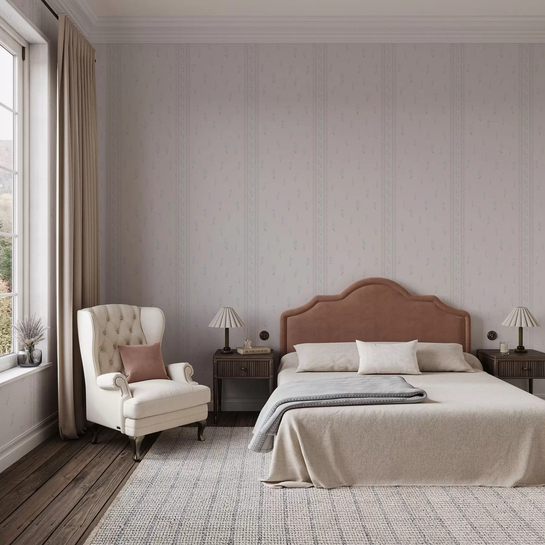 Wall Mural Photo Wallpaper Pink background with delicate blue flowers and border a00484