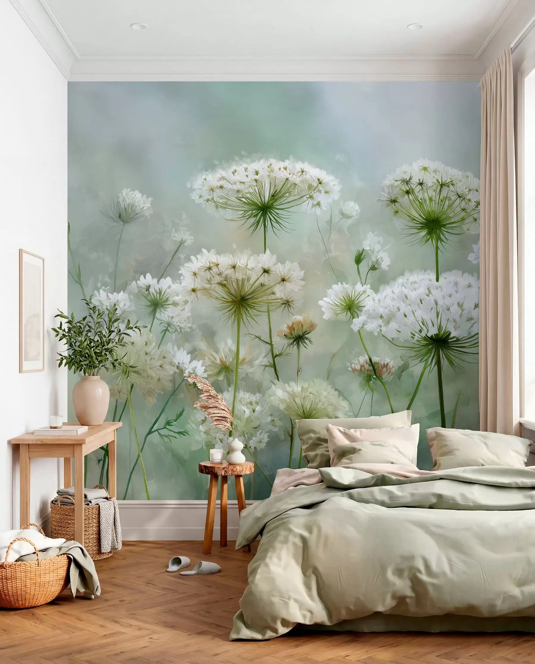 peintures murales délicates fleurs sauvages blanches Queen Anne, dans un style pittoresque, tons verts w04313