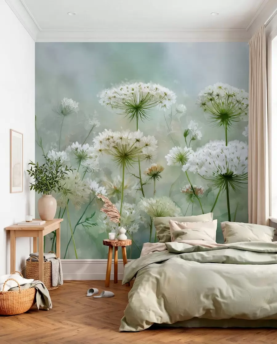 peintures murales délicates fleurs sauvages blanches Queen Anne, dans un style pittoresque, tons verts w04313