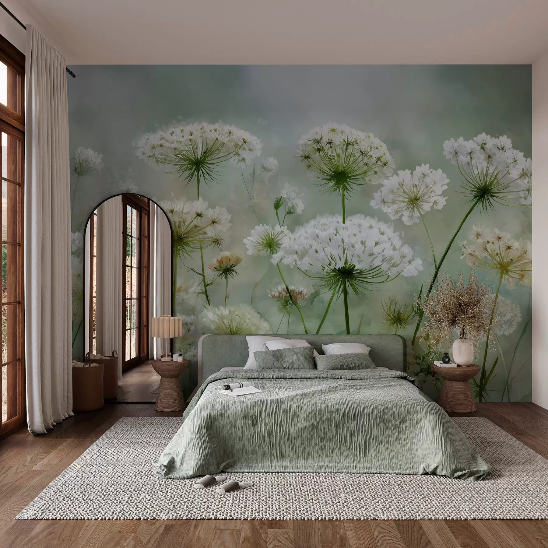 wall murals delicate white wildflowers Queen Anne, in a picturesque style, green tones w04313