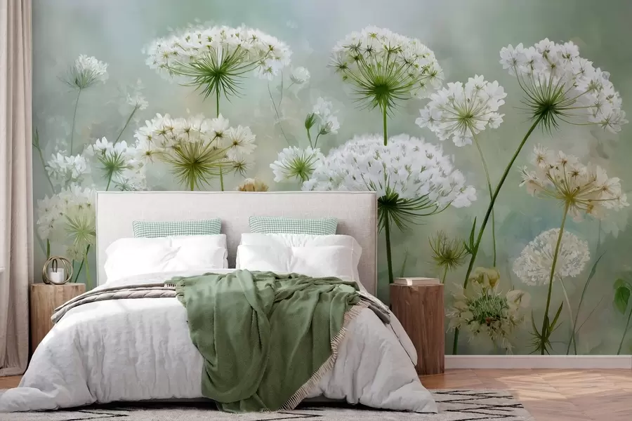 Wall Mural Photo Wallpaper delicate white wildflowers Queen Anne, in a picturesque style, green tones w04313