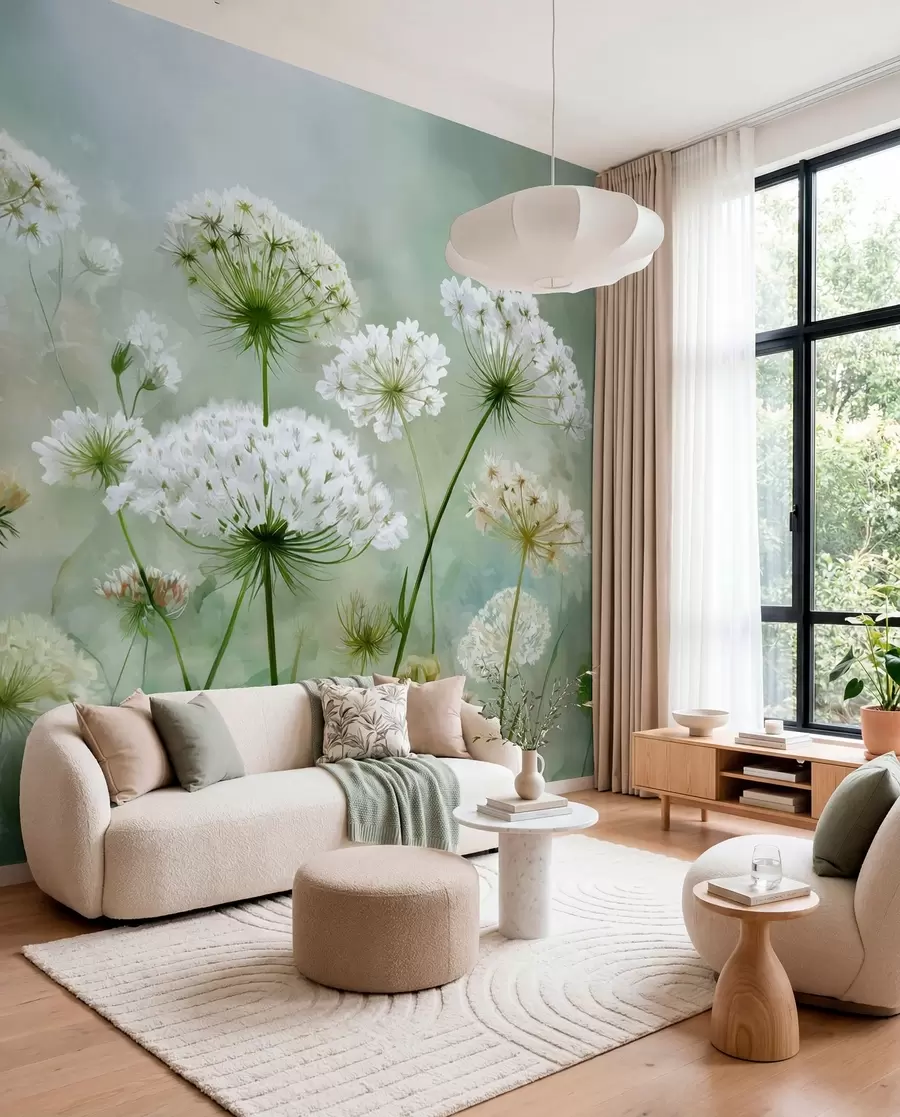 Wall Mural Photo Wallpaper delicate white wildflowers Queen Anne, in a picturesque style, green tones w04313