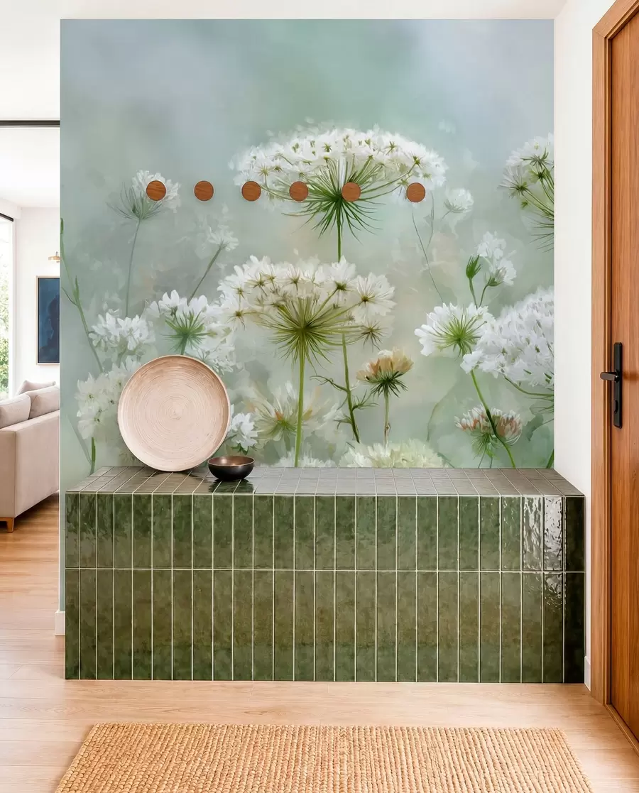 peintures murales délicates fleurs sauvages blanches Queen Anne, dans un style pittoresque, tons verts w04313