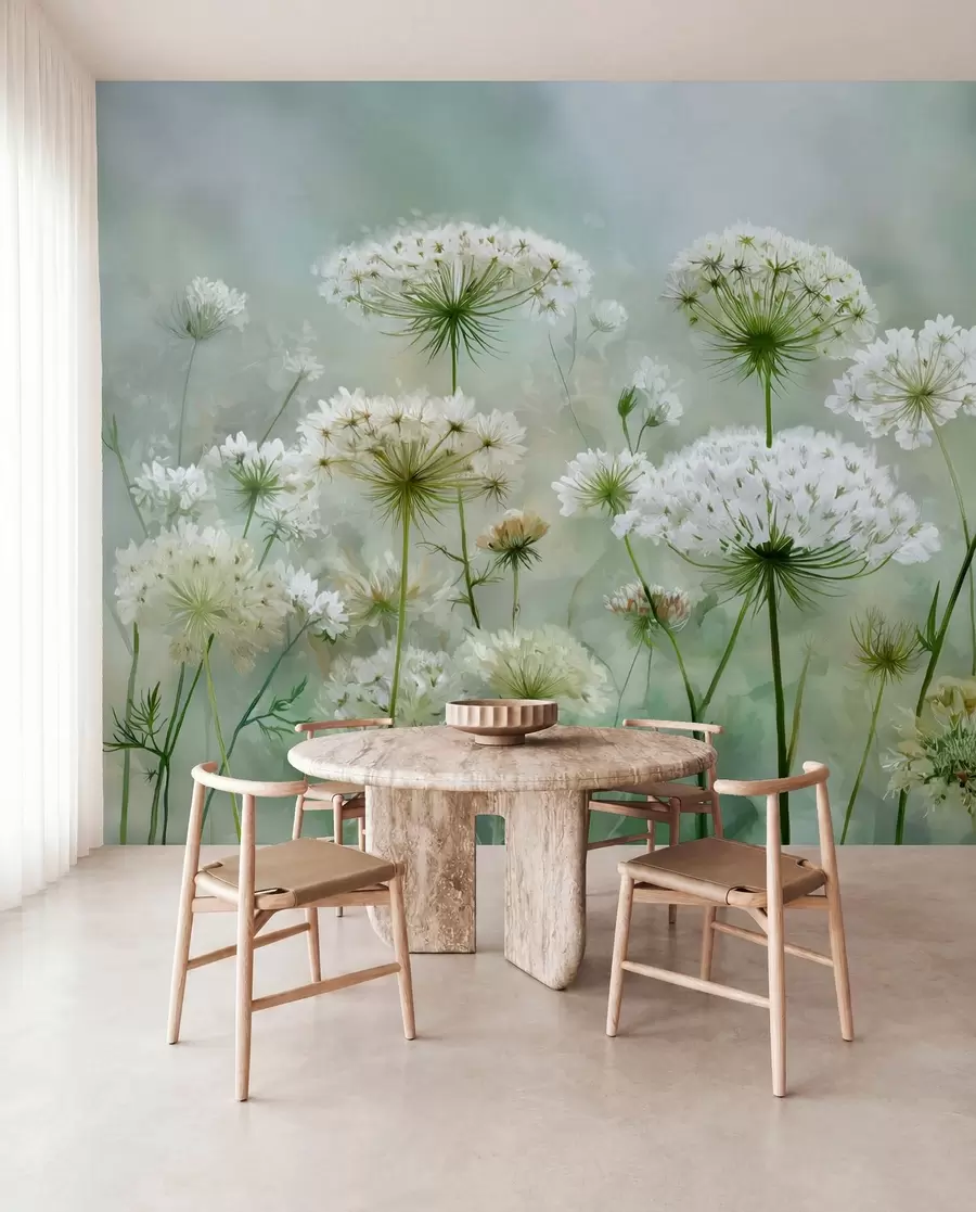 peintures murales délicates fleurs sauvages blanches Queen Anne, dans un style pittoresque, tons verts w04313