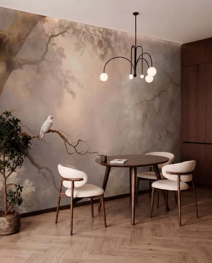 peintures murales forêt mystique avec un oiseau blanc w04314