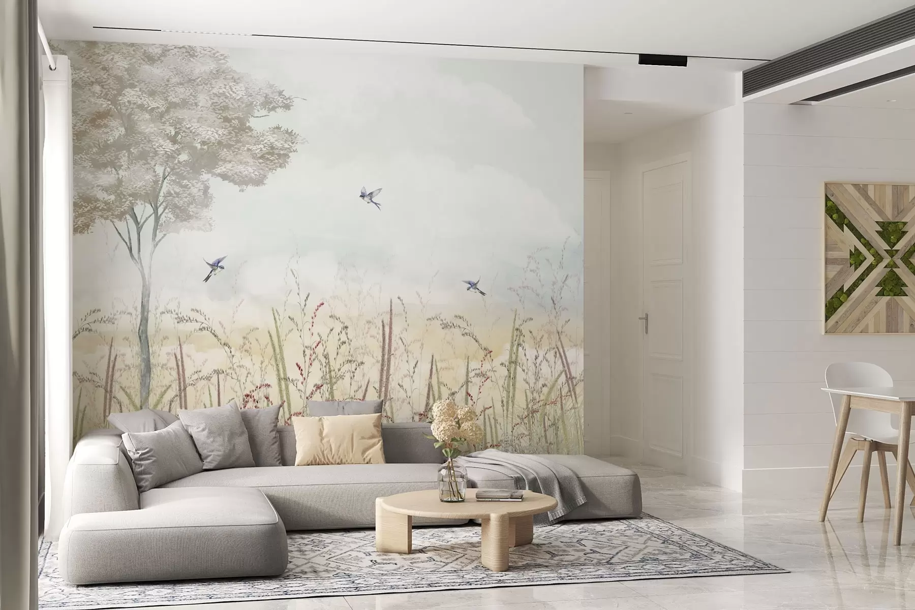 peintures murales Paysage avec arbre, oiseaux et herbes de prairie w04350