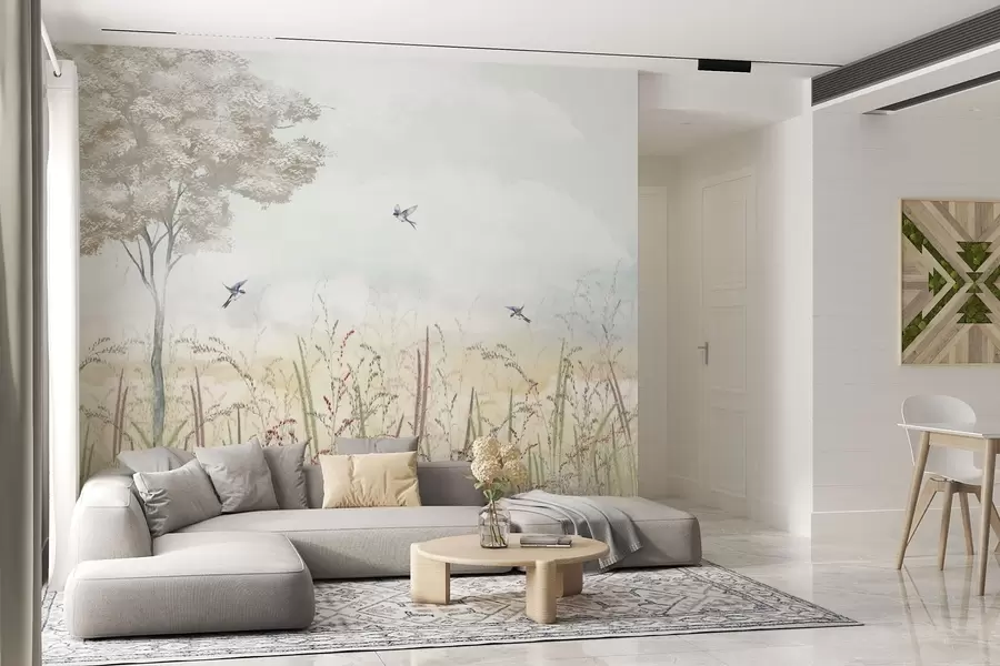Wall Mural Photo Wallpaper Landscape with tree, birds and meadow grasses w04350