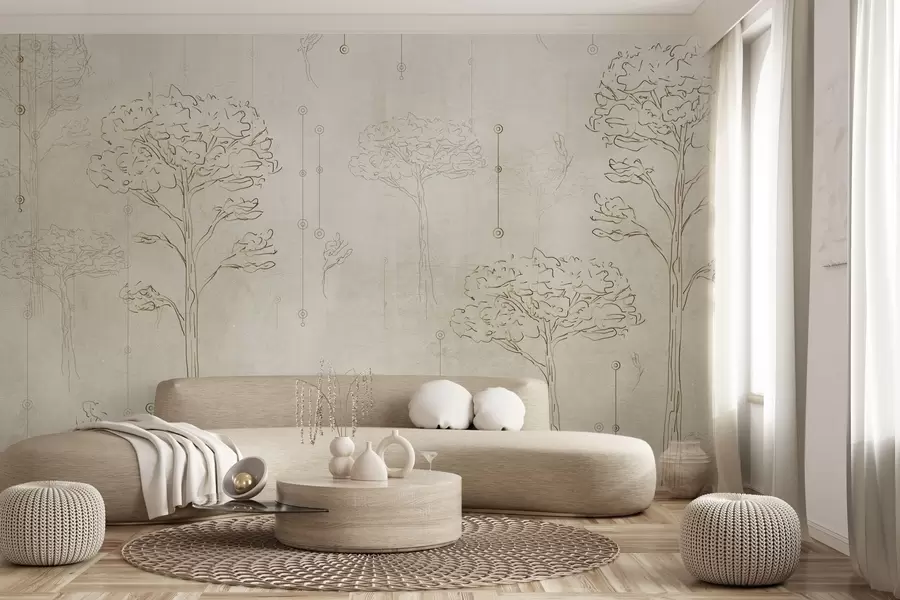 Wall Mural Photo Wallpaper Linear silhouettes of trees in minimalist style w04403