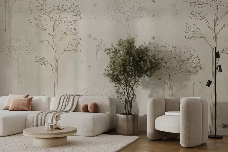 murales Siluetas lineales de árboles en estilo minimalista w04403
