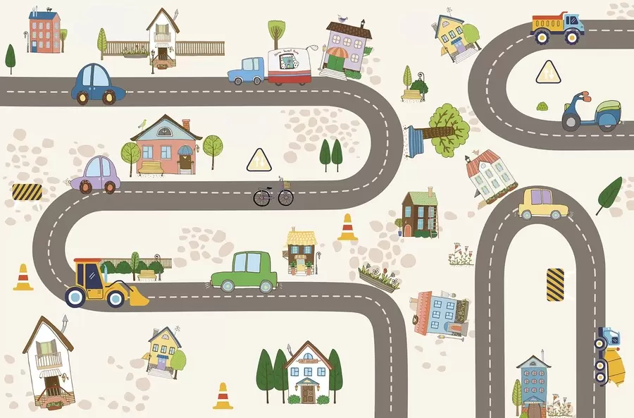 peintures murales Route pour enfants avec voitures et maisons colorées w04404