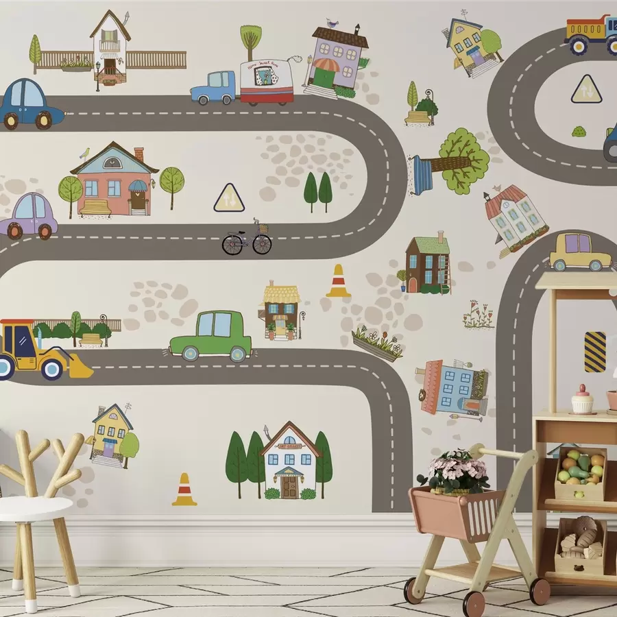 murales Carretera infantil con coches y casas de colores w04404