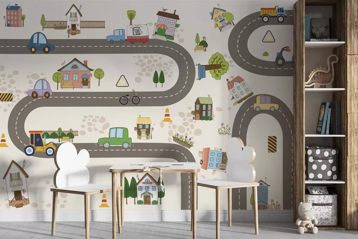 Wall Mural Photo Wallpaper Children’s road with cars and colorful houses w04404