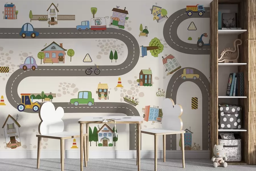 wall murals Children’s road with cars and colorful houses w04404