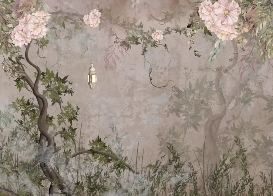 wall murals Fairy garden with flowers, trees and lantern w04416