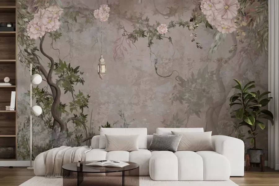 murales Jardín de hadas con flores, árboles y farolillo w04416